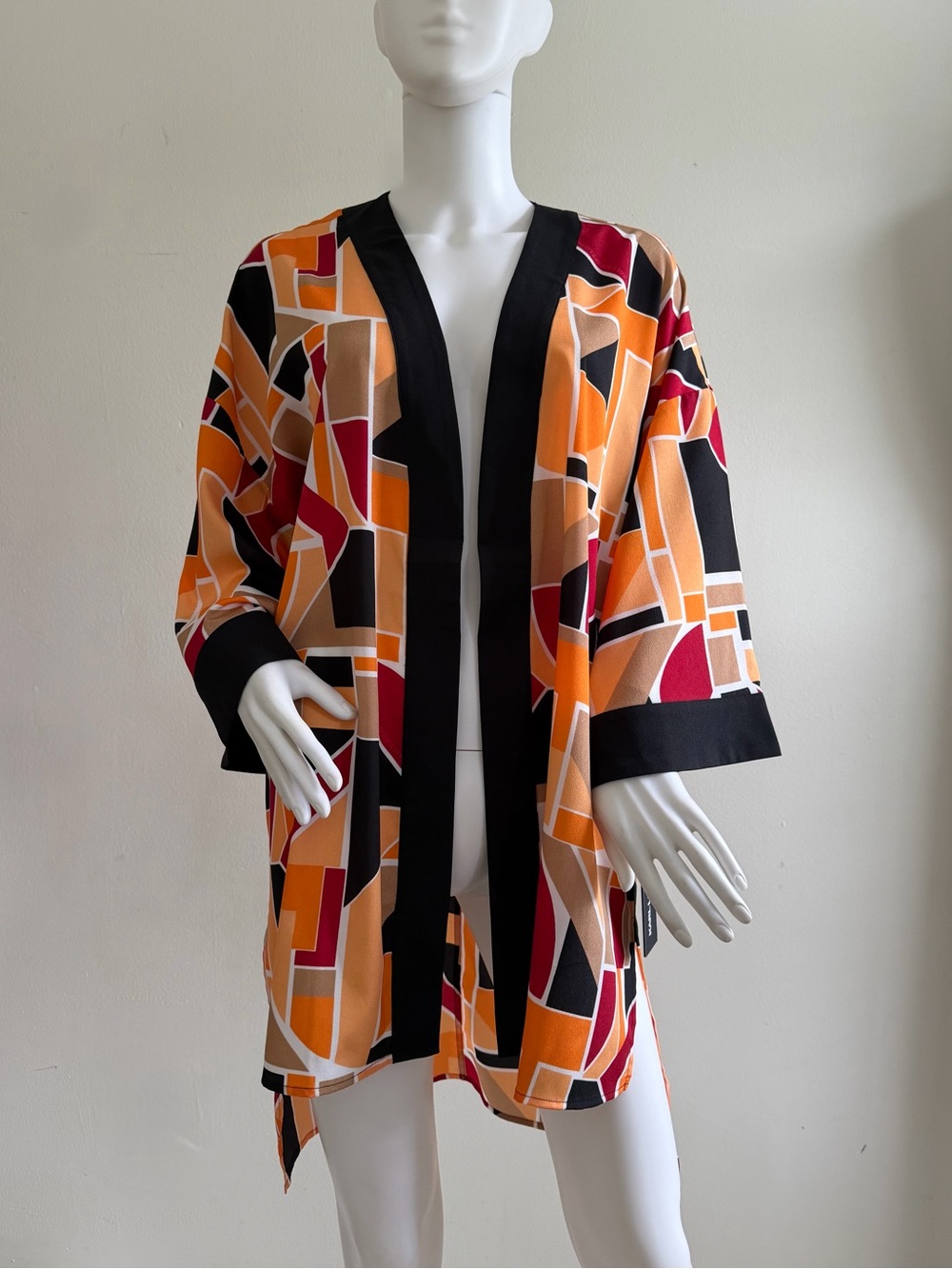 Karl Lagerfeld Geometric Open-Front Kimono Jacket in Orange, Black & Red
